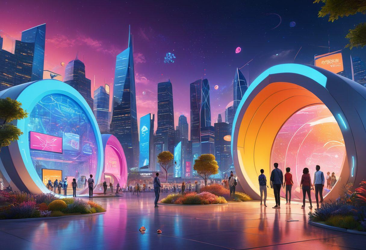 A futuristic landscape showcasing a diverse group of happy individuals using advanced technology to access insurance services effortlessly, surrounded by symbols of protection like shields and safety nets. Bright, engaging colors convey a sense of joy and security in a modern, inclusive environment. Elements such as smart devices and digital interfaces should be prominently featured. super-realistic. vibrant colors. 3D.