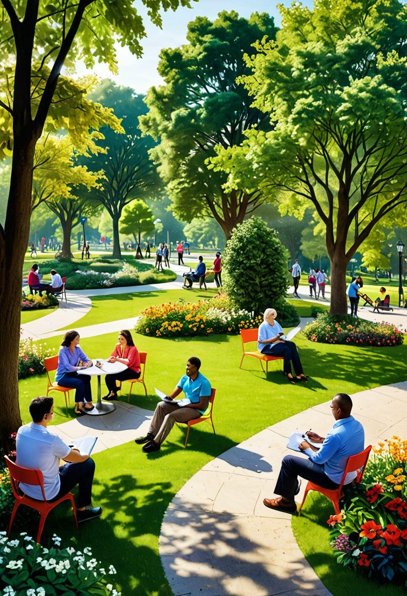A vibrant and welcoming scene showcasing a diverse group of individuals joyfully discussing insurance options in a lush park setting. Include visual elements like floating question marks and checklists representing cost-effective and swift coverage solutions. The atmosphere should be bright and optimistic, symbolizing the unlocking of joyful possibilities in insurance. super-realistic. vibrant colors. outdoor setting.