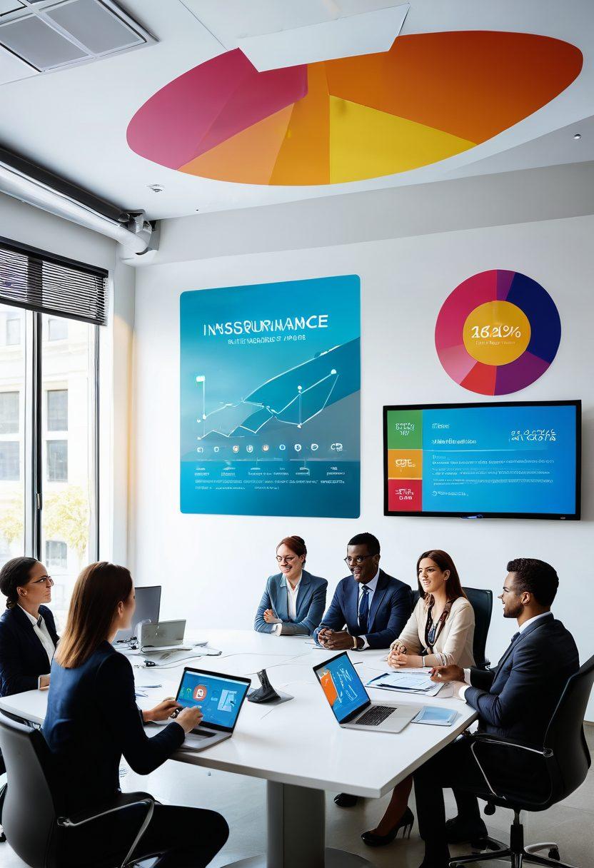 A professional and inviting scene depicting a diverse group of people discussing on-demand insurance plans at a modern office. Include a digital interface showing graphs and benefits of insurance options on a screen, with a bright and cheerful atmosphere. Surround with relevant icons like shields, checkmarks, and client satisfaction ratings. Focus on collaboration and technology. super-realistic. vibrant colors. modern style.